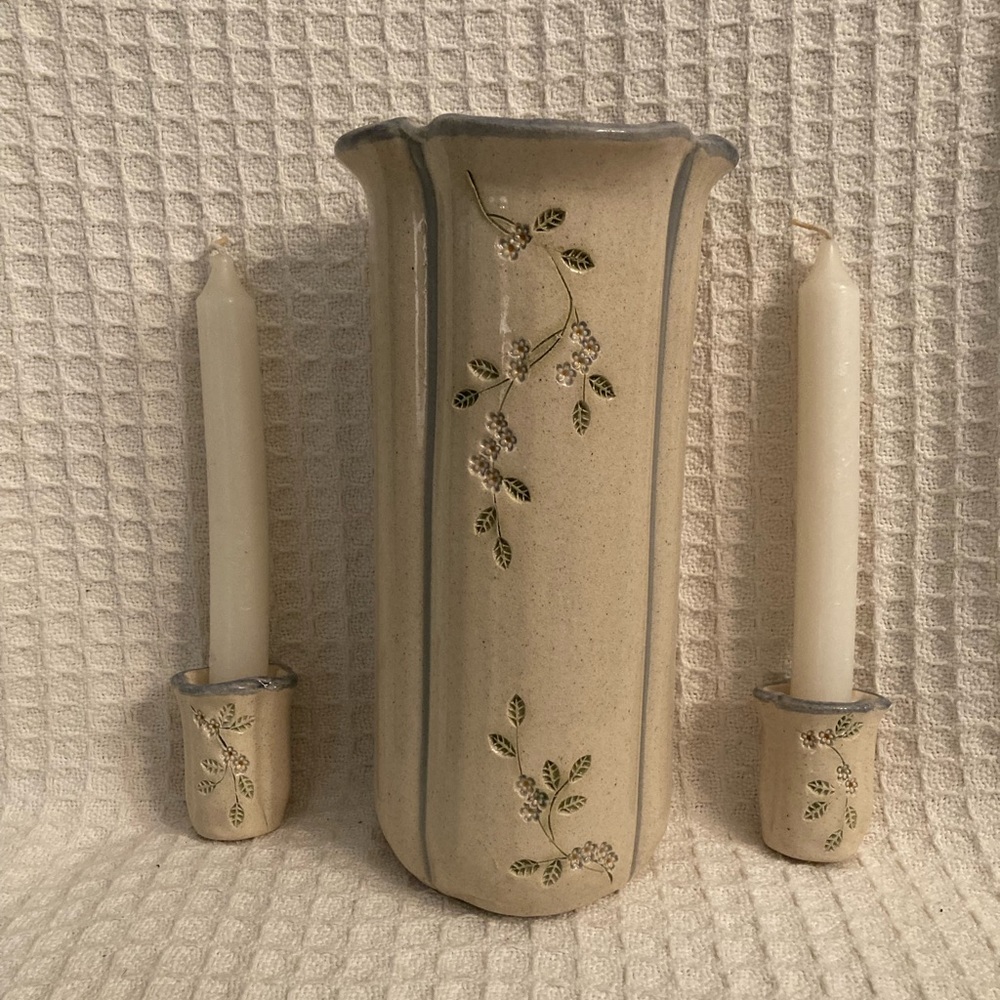 Mountain Meadows Pottery Vase And Candle Stick Holders Set With Flower Pattern
